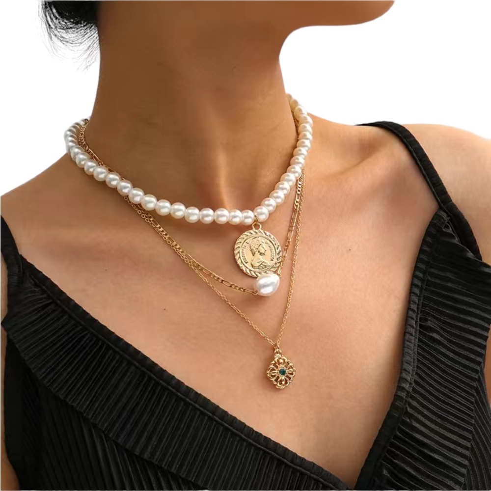 3 Piece Triple Layer Gold and Pearl Necklace